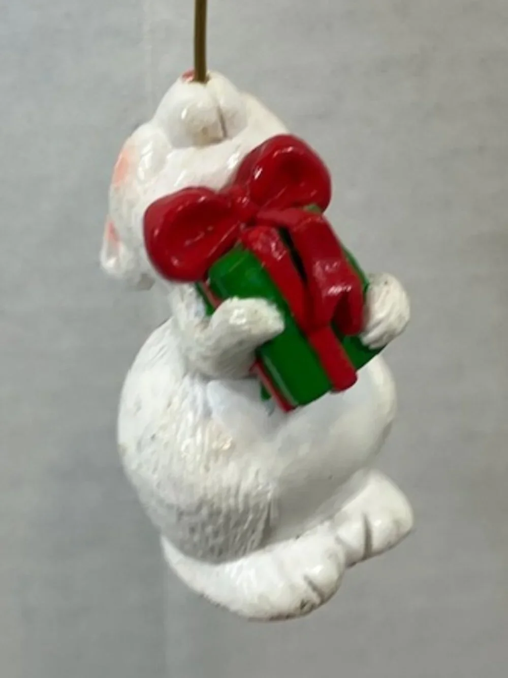 VTG White Christmas Rabbit Tree Ornament Holding Present Holiday Decor1.5